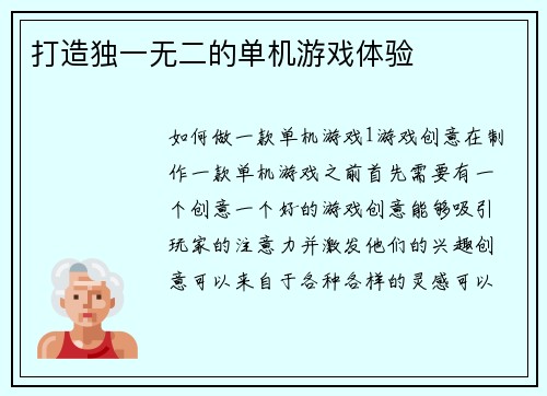 打造独一无二的单机游戏体验